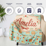 Cute Picnic Food and Basket Elements Soft Blue Seamless Pattern  Personalised Custom Name Super Soft Fleece Blanket Bed Sofa Throw