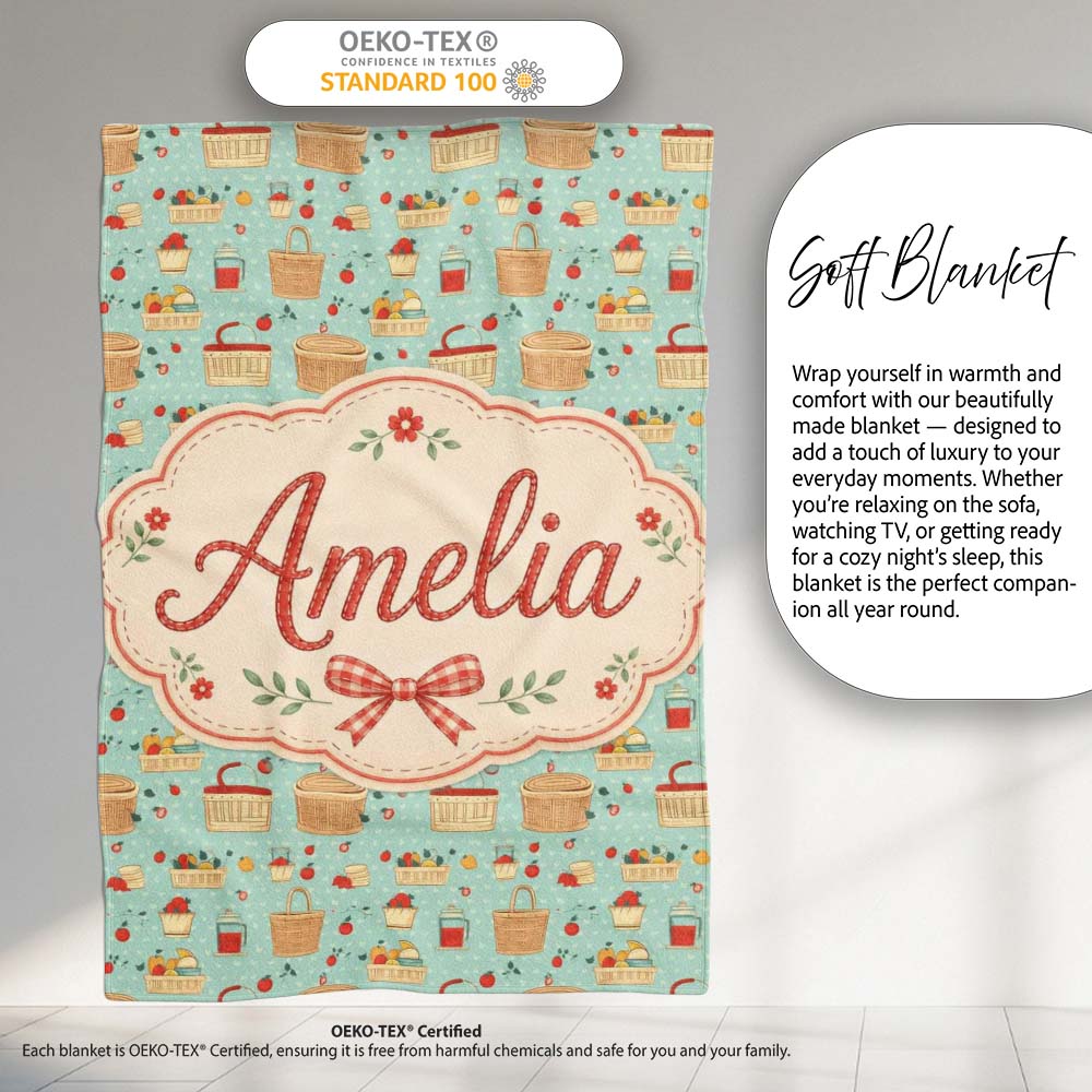 Cute Picnic Food and Basket Elements Soft Blue Seamless Pattern  Personalised Custom Name Super Soft Fleece Blanket Bed Sofa Throw