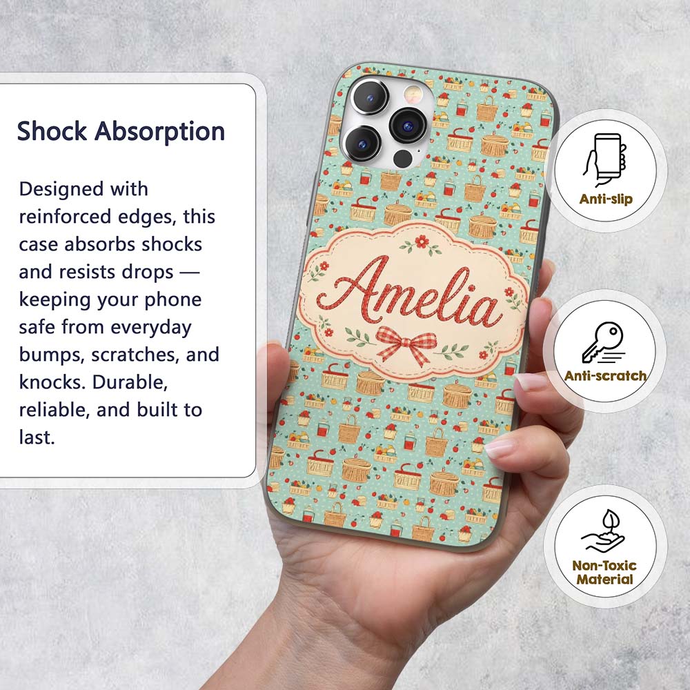 Cute Picnic Food and Basket Elements Soft Blue Custom Name Protective Phone Case Mobile Cover Durable Everyday Smartphone Shock Resistant
