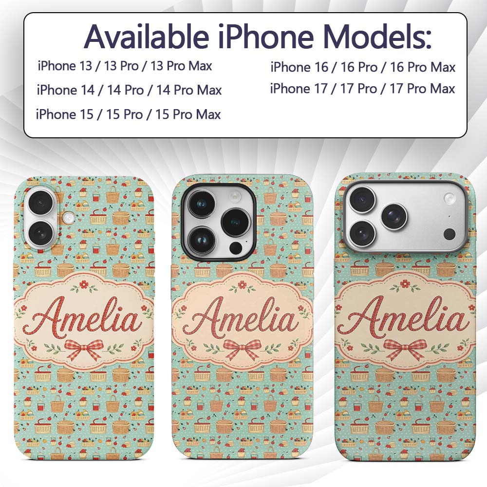 Cute Picnic Food and Basket Elements Soft Blue Custom Name Protective Phone Case Mobile Cover Durable Everyday Smartphone Shock Resistant