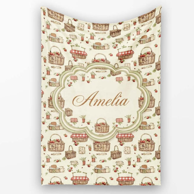 Rustic Picnic Basket with Strawberries and Garden Items Seamless  Personalised Custom Name Super Soft Fleece Blanket Bed Sofa Throw