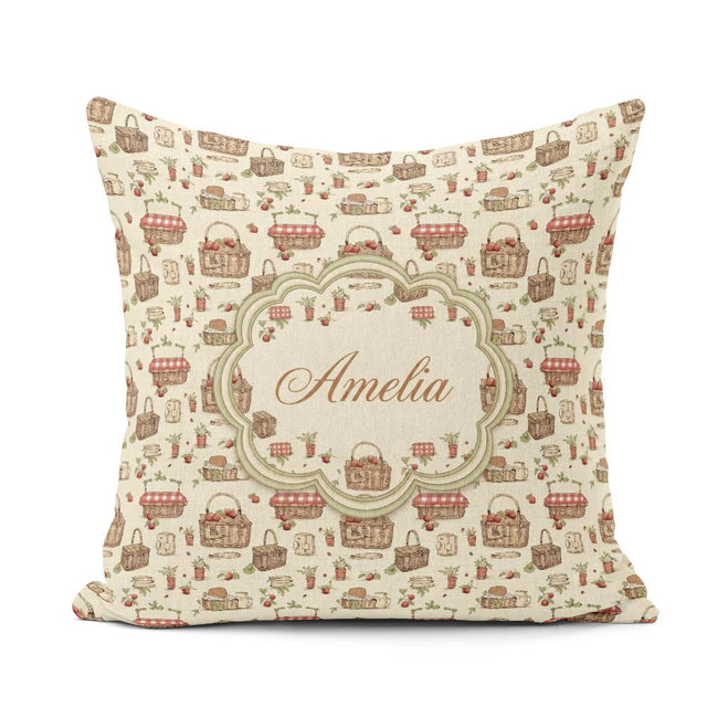 Custom Name Rustic Picnic Basket with and Garden Items Seamless Square Filled Cushion Throw Pillow Sofa Bed Home Decor Zip Washable UK Made