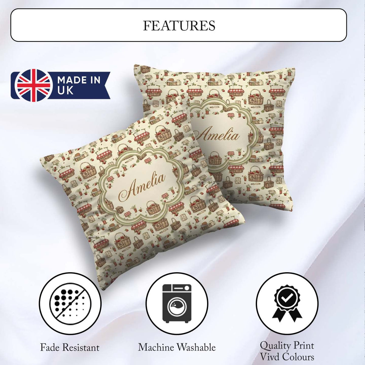 Custom Name Rustic Picnic Basket with and Garden Items Seamless Square Filled Cushion Throw Pillow Sofa Bed Home Decor Zip Washable UK Made