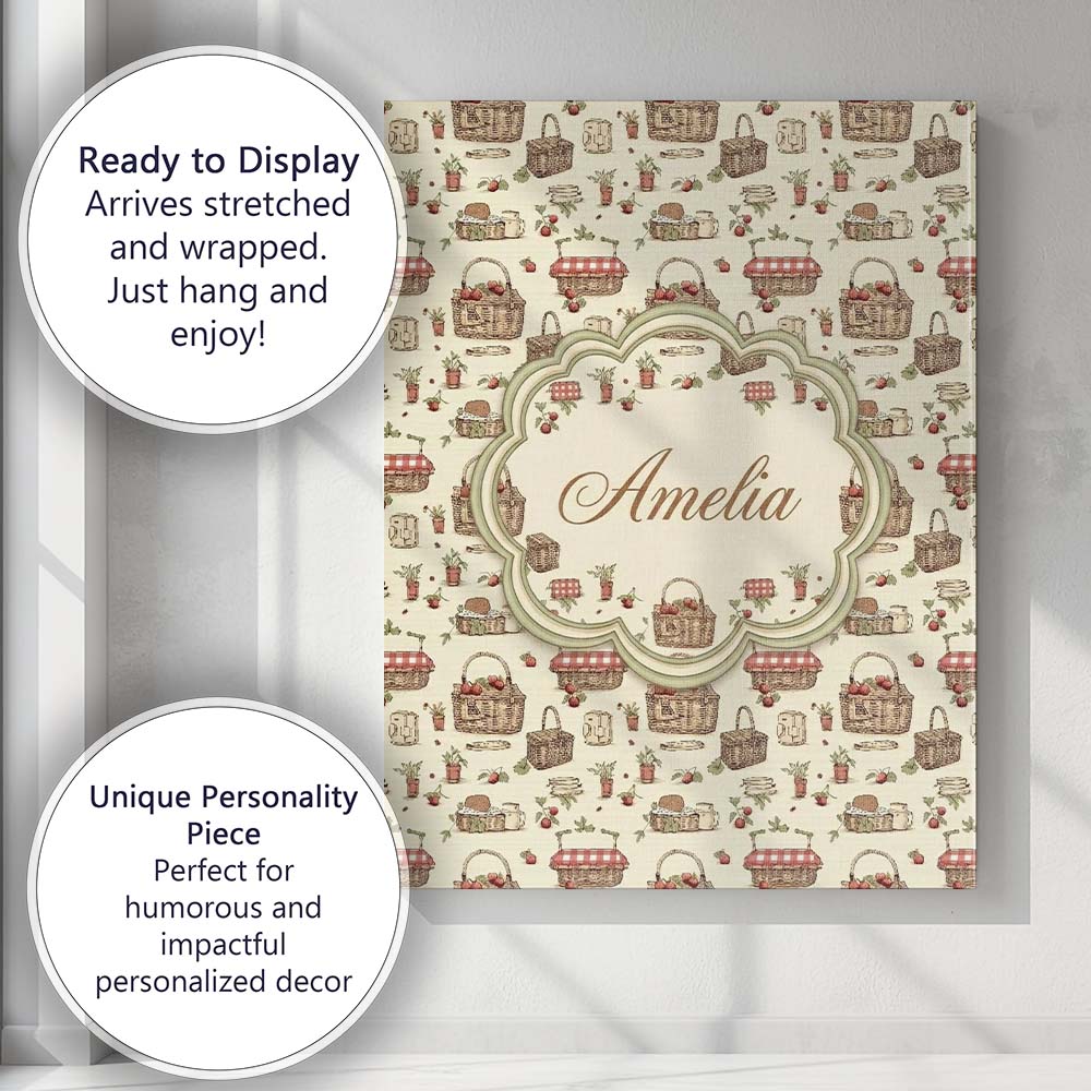 Personalised Name Rustic Picnic Basket with Custom  Bespoke Interior Contemporary Canvas Wall Art Print Decor Picture Ready to Hang