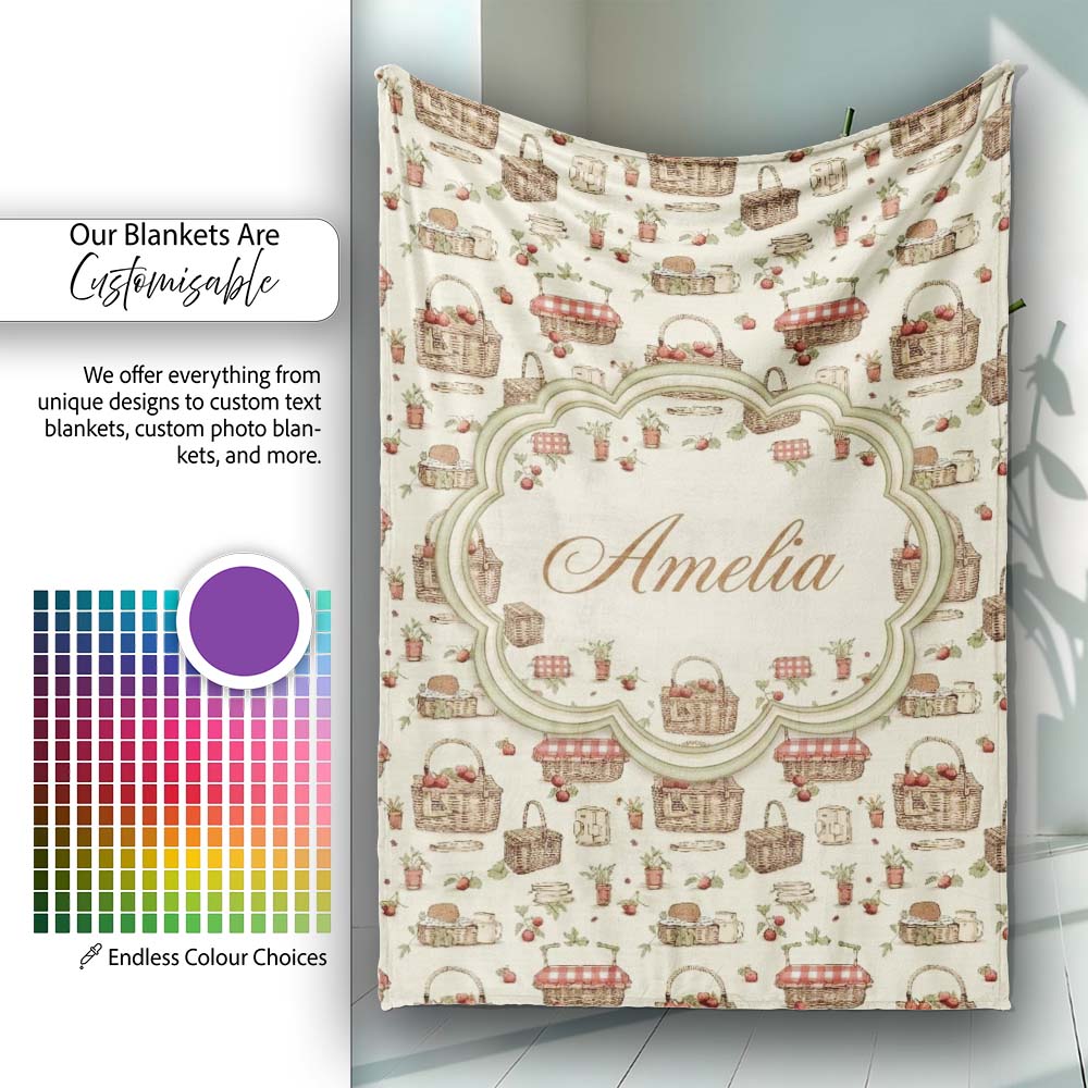 Rustic Picnic Basket with Strawberries and Garden Items Seamless  Personalised Custom Name Super Soft Fleece Blanket Bed Sofa Throw