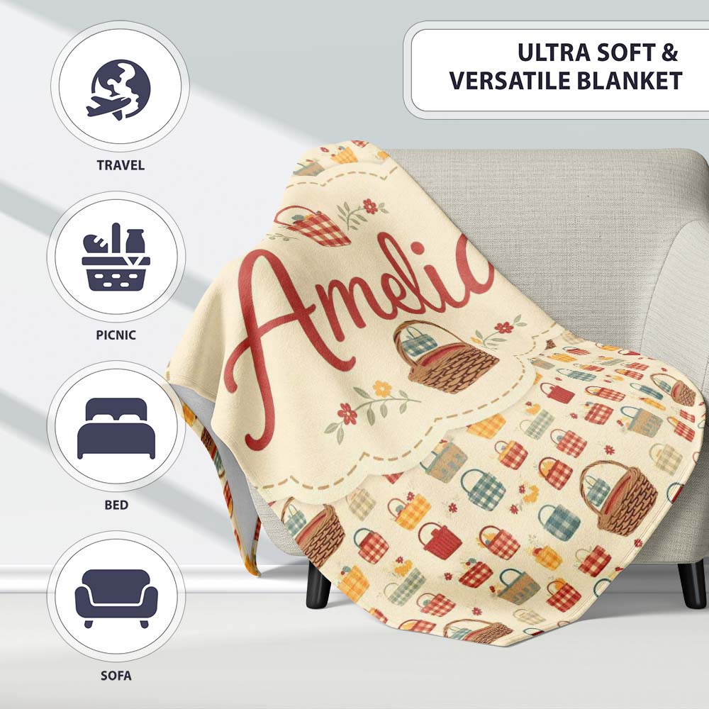 Autumn Style Checkered Picnic Baskets Seamless Pattern Lovely  Personalised Custom Name Super Soft Fleece Blanket Bed Sofa Throw
