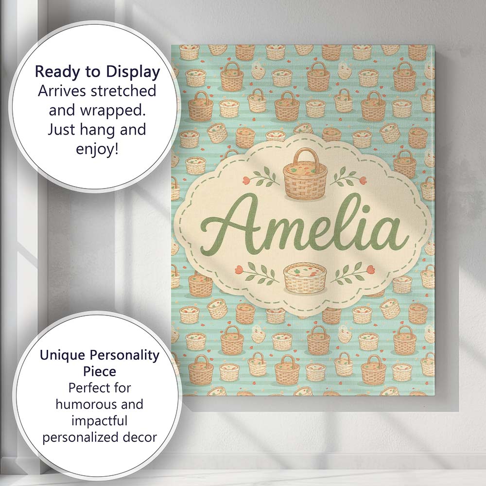 Personalised Name Cute Wicker Picnic Custom Premium Decorative Design Modern Room Accent Canvas Wall Art Print Decor Picture Ready to Hang