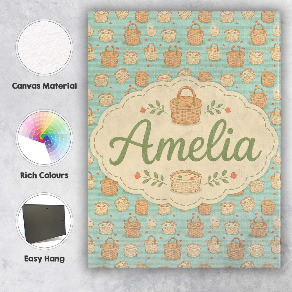 Personalised Name Cute Wicker Picnic Custom Premium Decorative Design Modern Room Accent Canvas Wall Art Print Decor Picture Ready to Hang