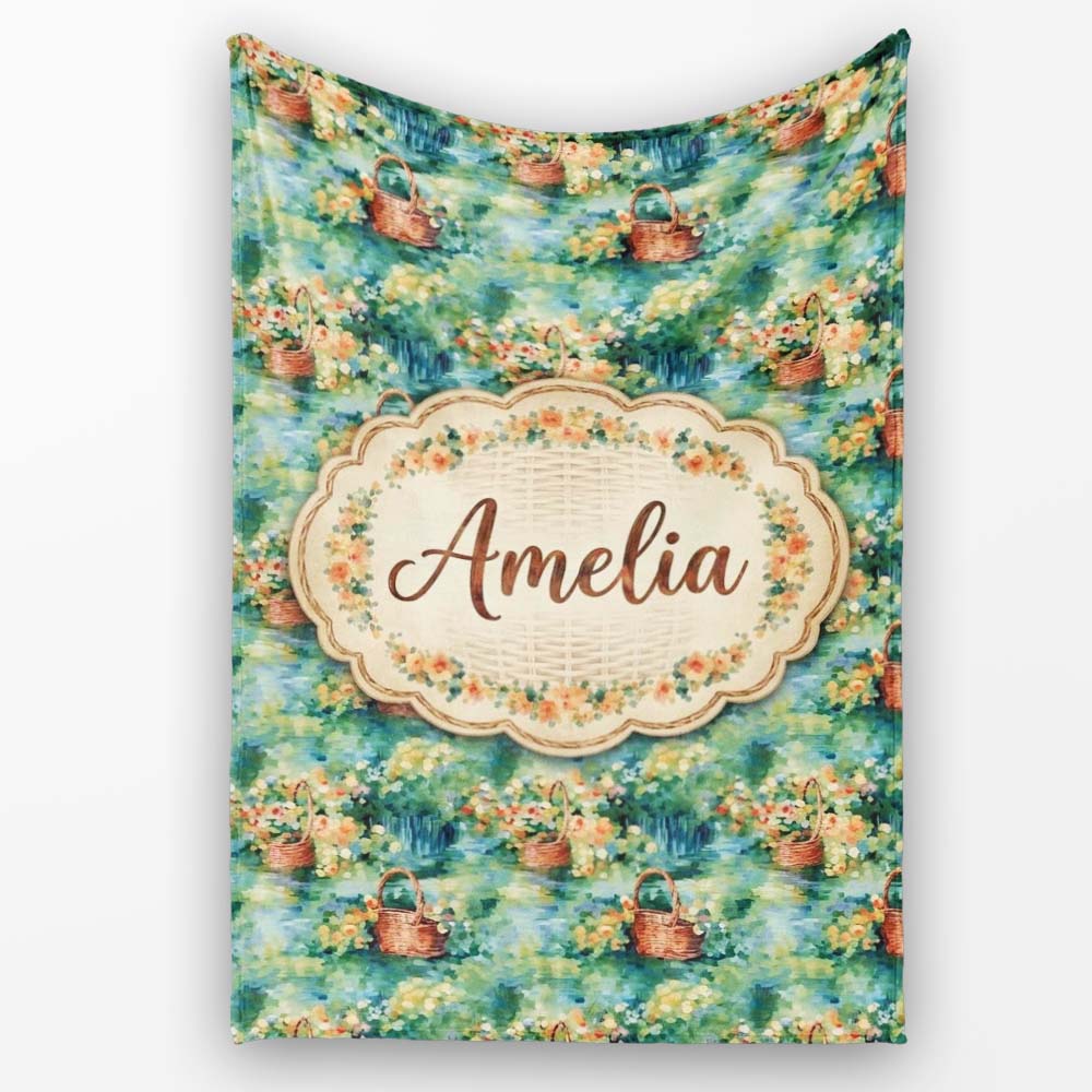 Impressionist Garden Picnic Baskets Floral Landscape Seamless Lovely  Personalised Custom Name Super Soft Fleece Blanket Bed Sofa Throw