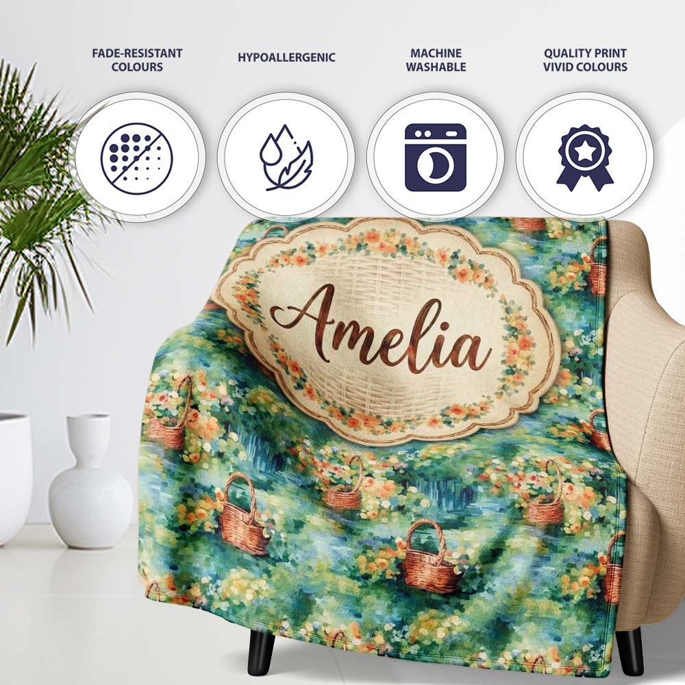 Impressionist Garden Picnic Baskets Floral Landscape Seamless Lovely  Personalised Custom Name Super Soft Fleece Blanket Bed Sofa Throw