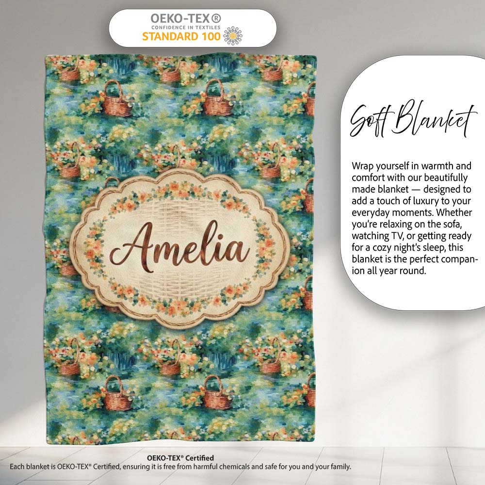 Impressionist Garden Picnic Baskets Floral Landscape Seamless Lovely  Personalised Custom Name Super Soft Fleece Blanket Bed Sofa Throw
