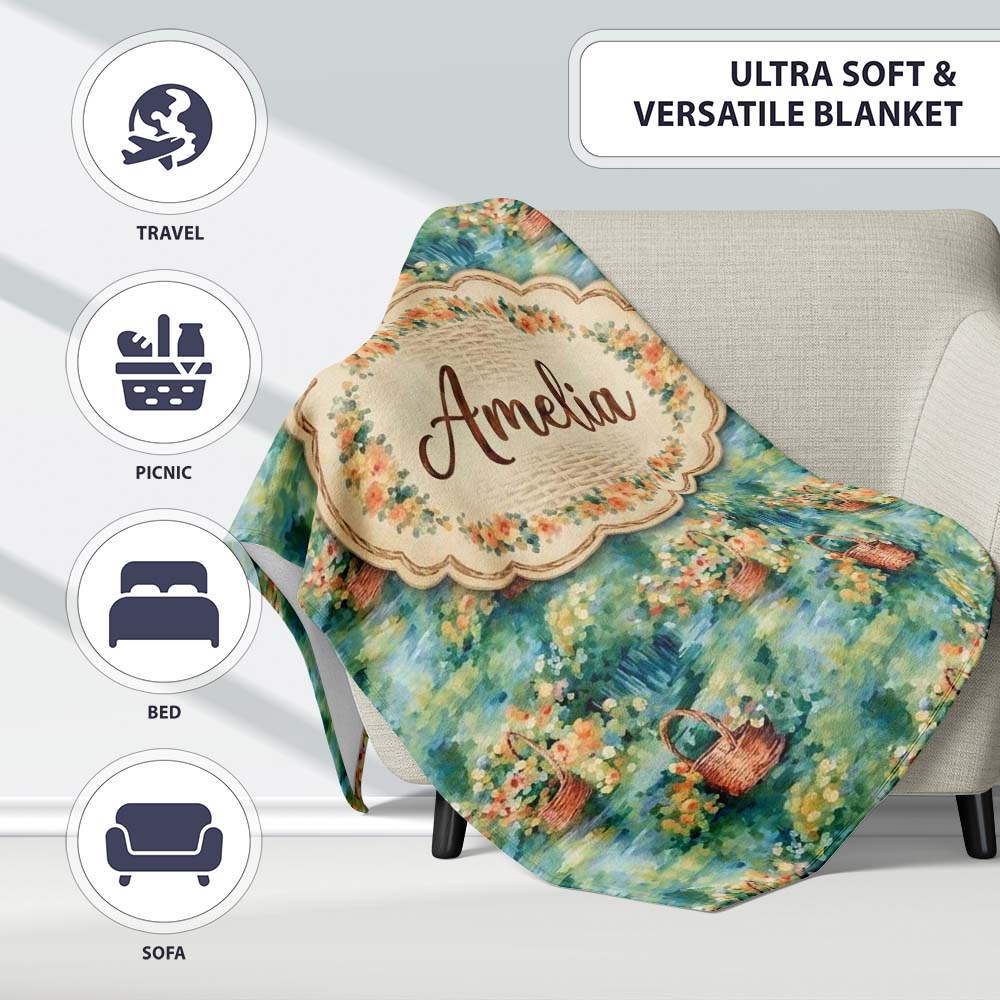 Impressionist Garden Picnic Baskets Floral Landscape Seamless Lovely  Personalised Custom Name Super Soft Fleece Blanket Bed Sofa Throw