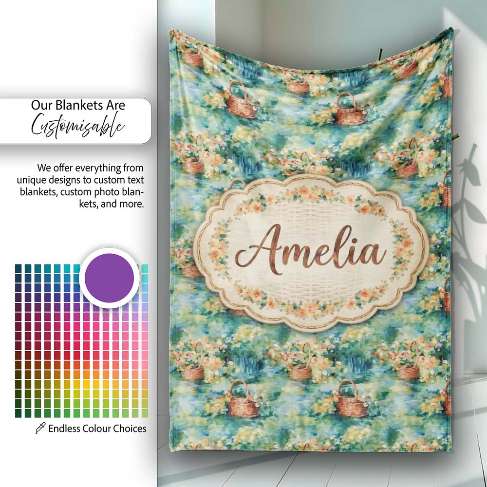 Impressionist Garden Picnic Baskets Floral Landscape Seamless Lovely  Personalised Custom Name Super Soft Fleece Blanket Bed Sofa Throw