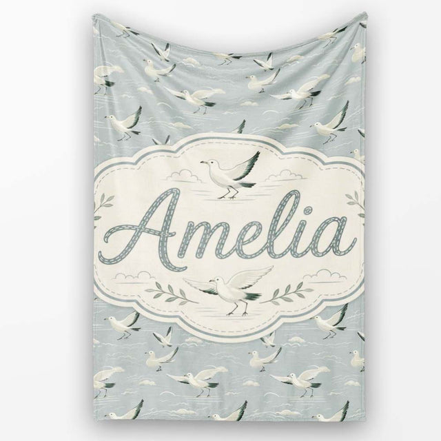 Elegant Flying Seagulls Soft Cloud Sky Seamless Pattern Lovely  Personalised Custom Name Super Soft Fleece Blanket Bed Sofa Throw