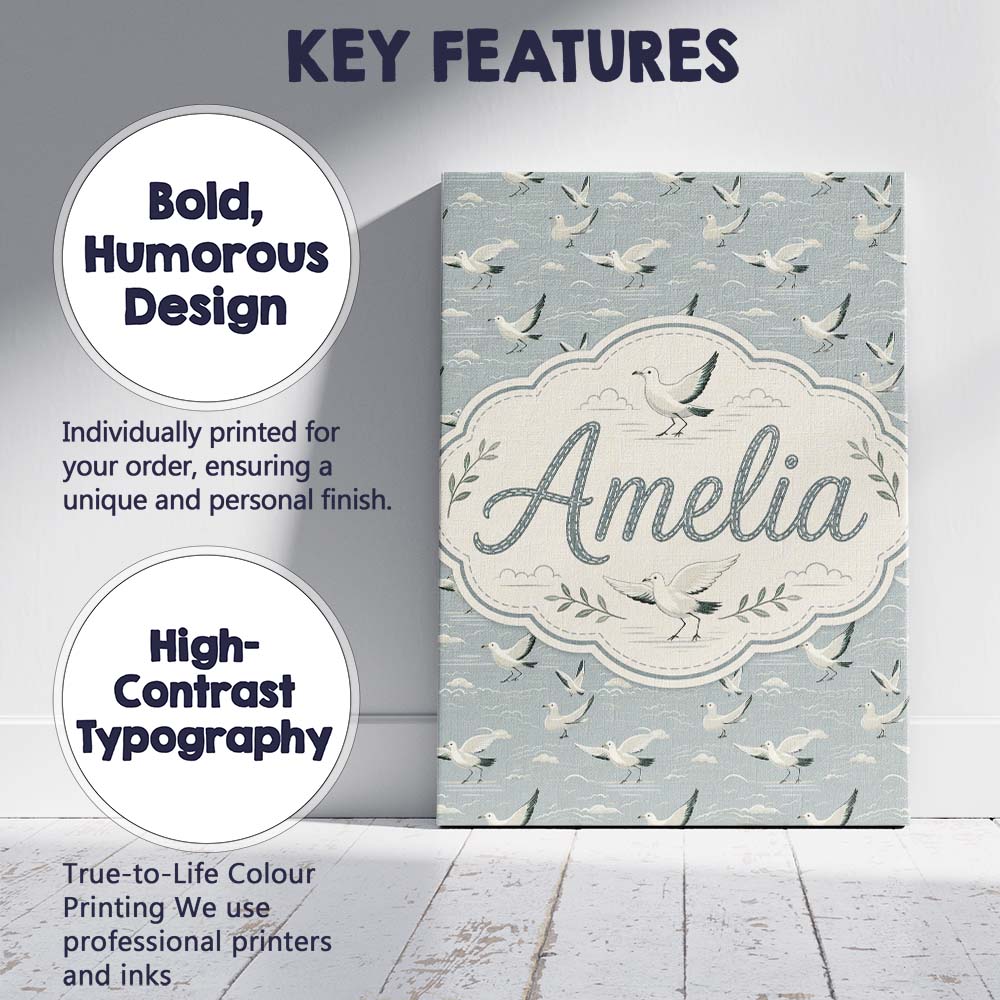 Personalised Name Elegant Flying Seagulls Custom  Bespoke Decorative Contemporary Canvas Wall Art Print Decor Picture Ready to Hang