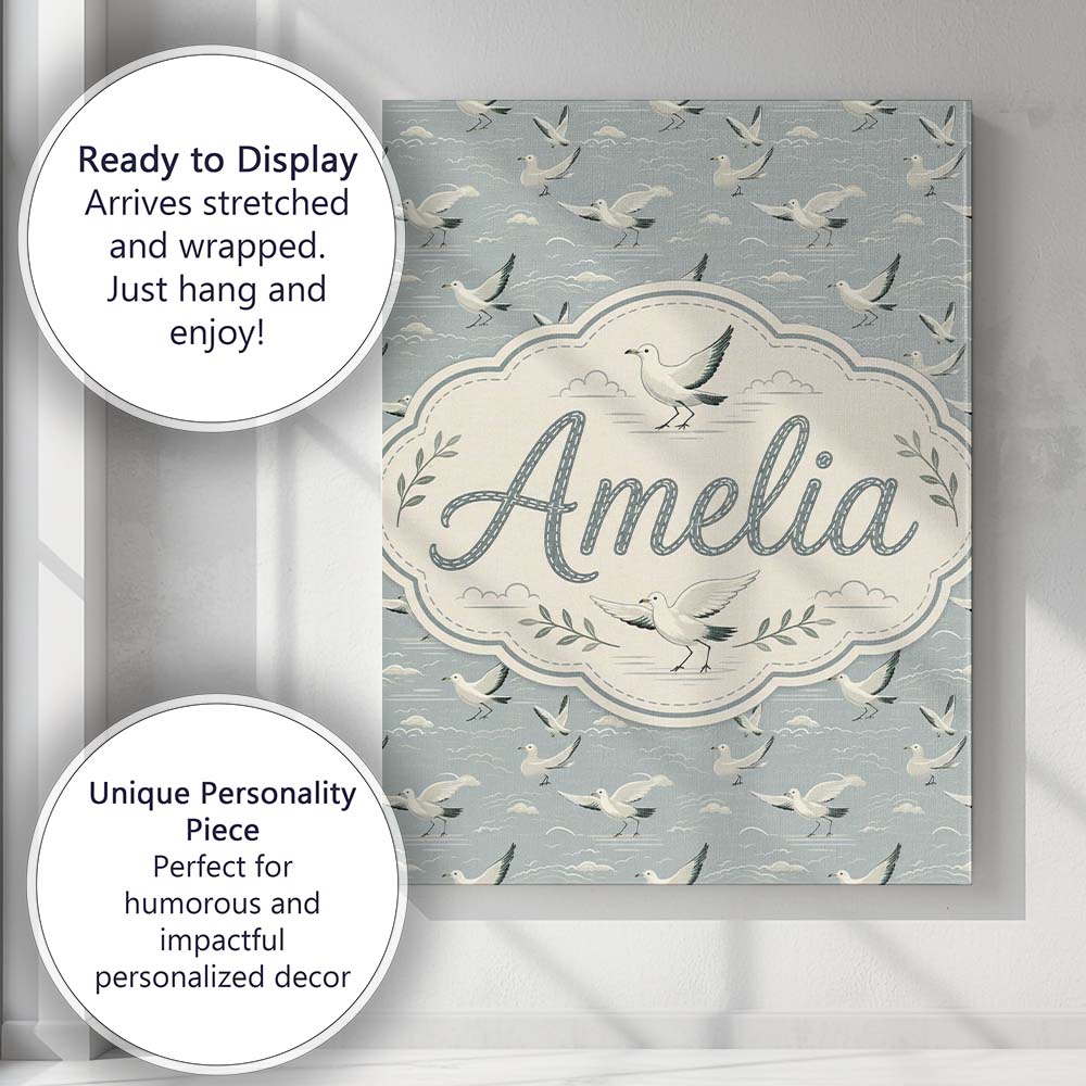 Personalised Name Elegant Flying Seagulls Custom  Bespoke Decorative Contemporary Canvas Wall Art Print Decor Picture Ready to Hang