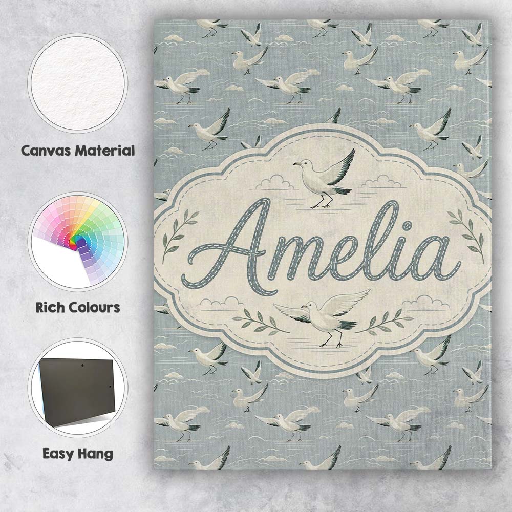 Personalised Name Elegant Flying Seagulls Custom  Bespoke Decorative Contemporary Canvas Wall Art Print Decor Picture Ready to Hang