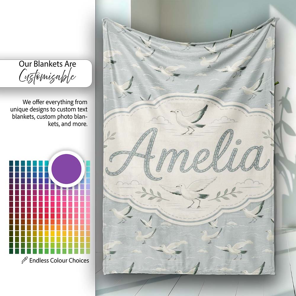Elegant Flying Seagulls Soft Cloud Sky Seamless Pattern Lovely  Personalised Custom Name Super Soft Fleece Blanket Bed Sofa Throw