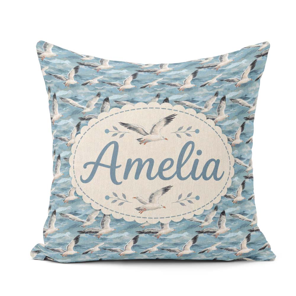 Custom Name Seagulls Over Blue Sea Waves Seamless Pattern Lovely Square Filled Cushion Throw Pillow Sofa Bed Home Decor Zip Washable UK Made