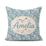 Custom Name Seagulls Over Blue Sea Waves Seamless Pattern Lovely Square Filled Cushion Throw Pillow Sofa Bed Home Decor Zip Washable UK Made