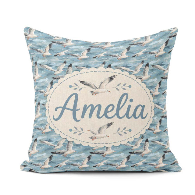 Custom Name Seagulls Over Blue Sea Waves Seamless Pattern Lovely Square Filled Cushion Throw Pillow Sofa Bed Home Decor Zip Washable UK Made