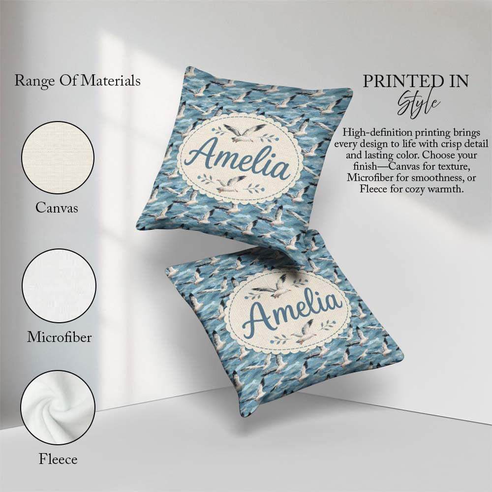 Custom Name Seagulls Over Blue Sea Waves Seamless Pattern Lovely Square Filled Cushion Throw Pillow Sofa Bed Home Decor Zip Washable UK Made