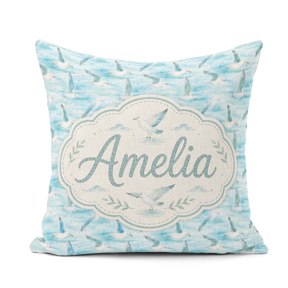 Custom Name Soft Watercolor Seagulls Ocean Breeze Pattern Lovely Square Filled Cushion Throw Pillow Sofa Bed Home Decor Zip Washable UK Made