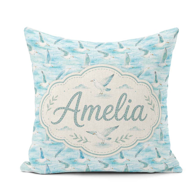 Custom Name Soft Watercolor Seagulls Ocean Breeze Pattern Lovely Square Filled Cushion Throw Pillow Sofa Bed Home Decor Zip Washable UK Made