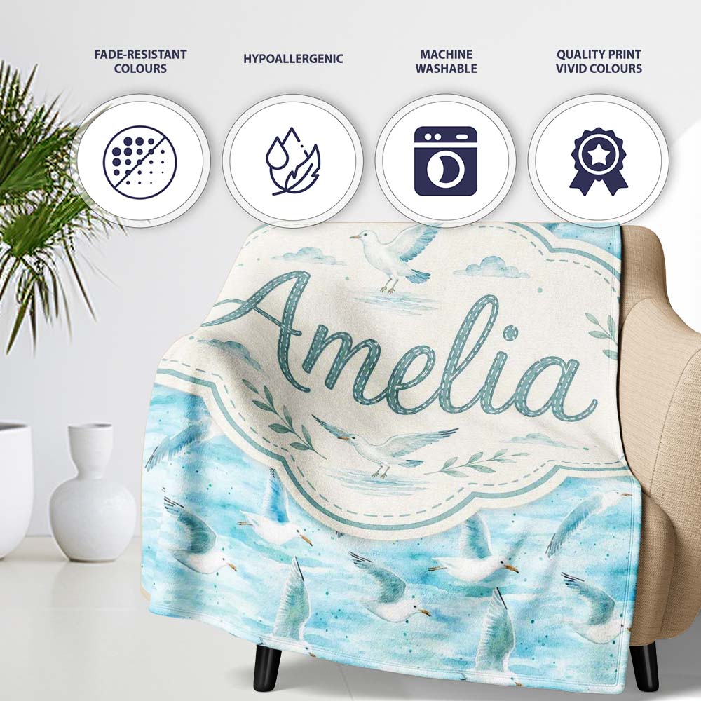 Soft Watercolor Seagulls Ocean Breeze Seamless Pattern Lovely  Personalised Custom Name Super Soft Fleece Blanket Bed Sofa Throw