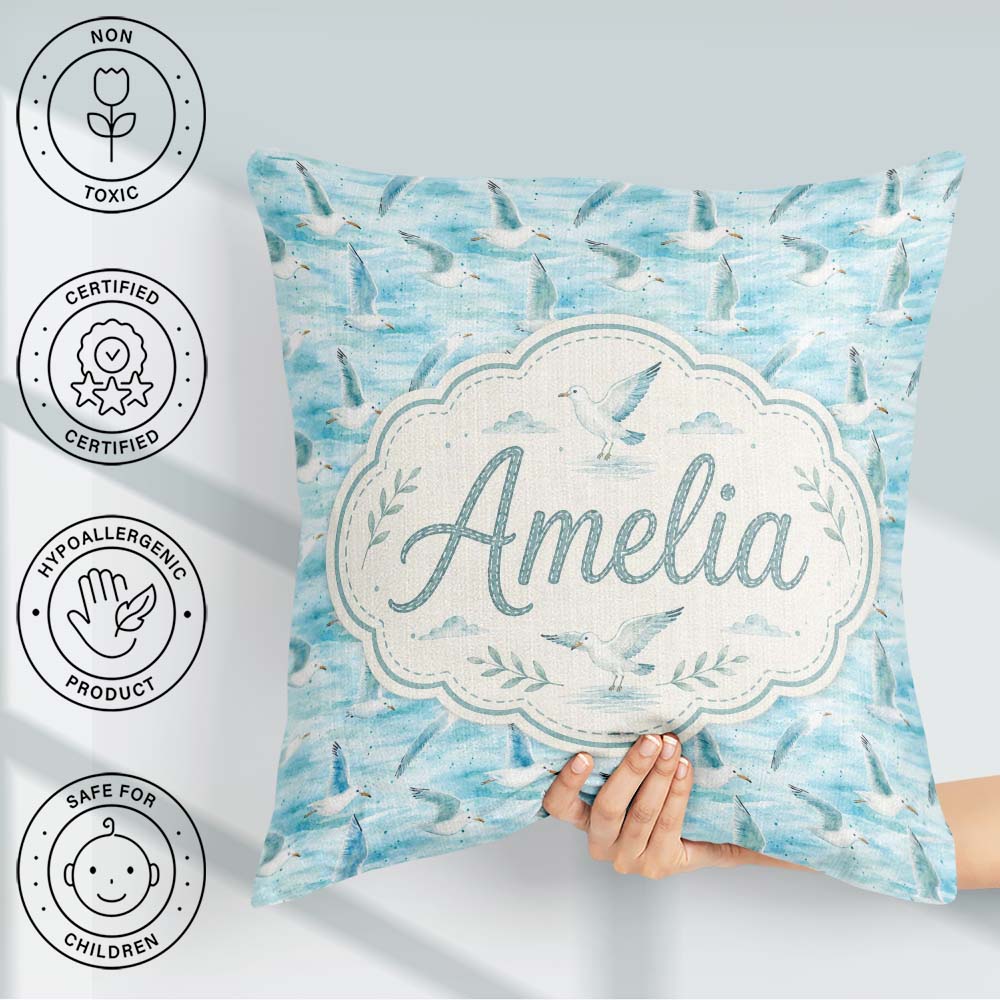 Custom Name Soft Watercolor Seagulls Ocean Breeze Pattern Lovely Square Filled Cushion Throw Pillow Sofa Bed Home Decor Zip Washable UK Made