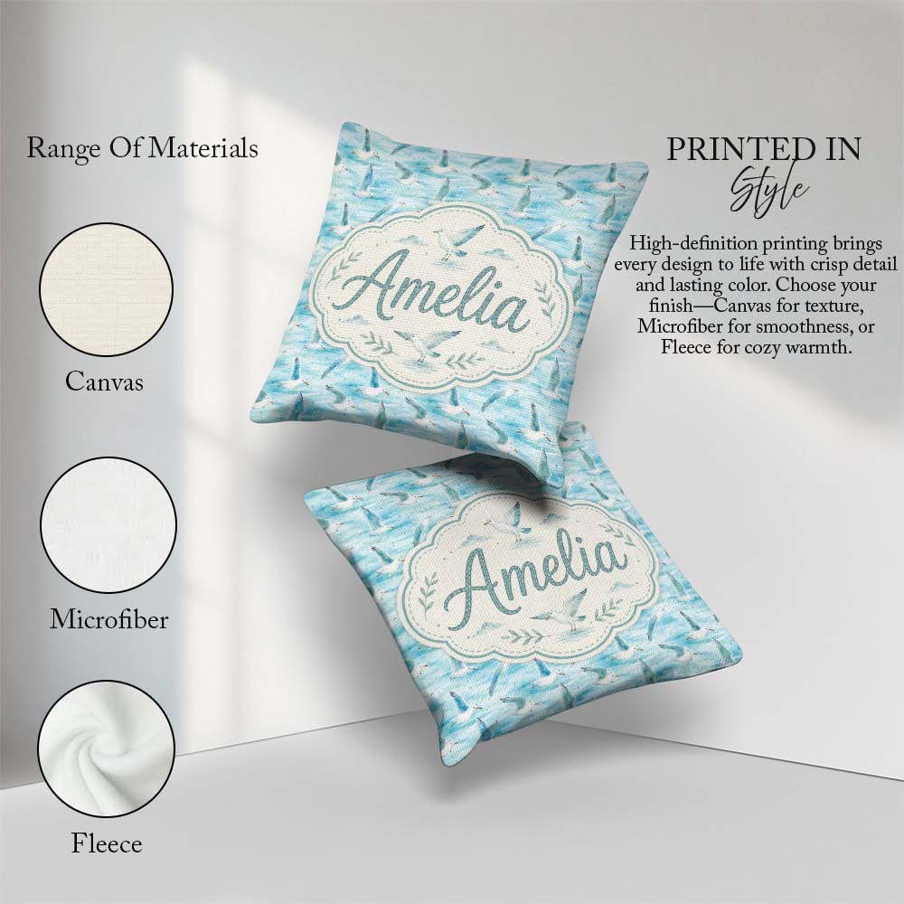 Custom Name Soft Watercolor Seagulls Ocean Breeze Pattern Lovely Square Filled Cushion Throw Pillow Sofa Bed Home Decor Zip Washable UK Made