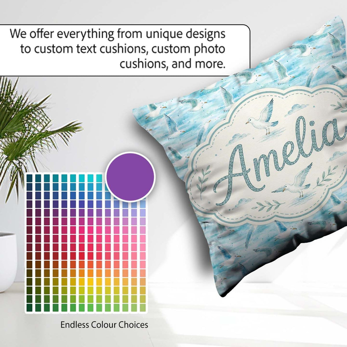 Custom Name Soft Watercolor Seagulls Ocean Breeze Pattern Lovely Square Filled Cushion Throw Pillow Sofa Bed Home Decor Zip Washable UK Made