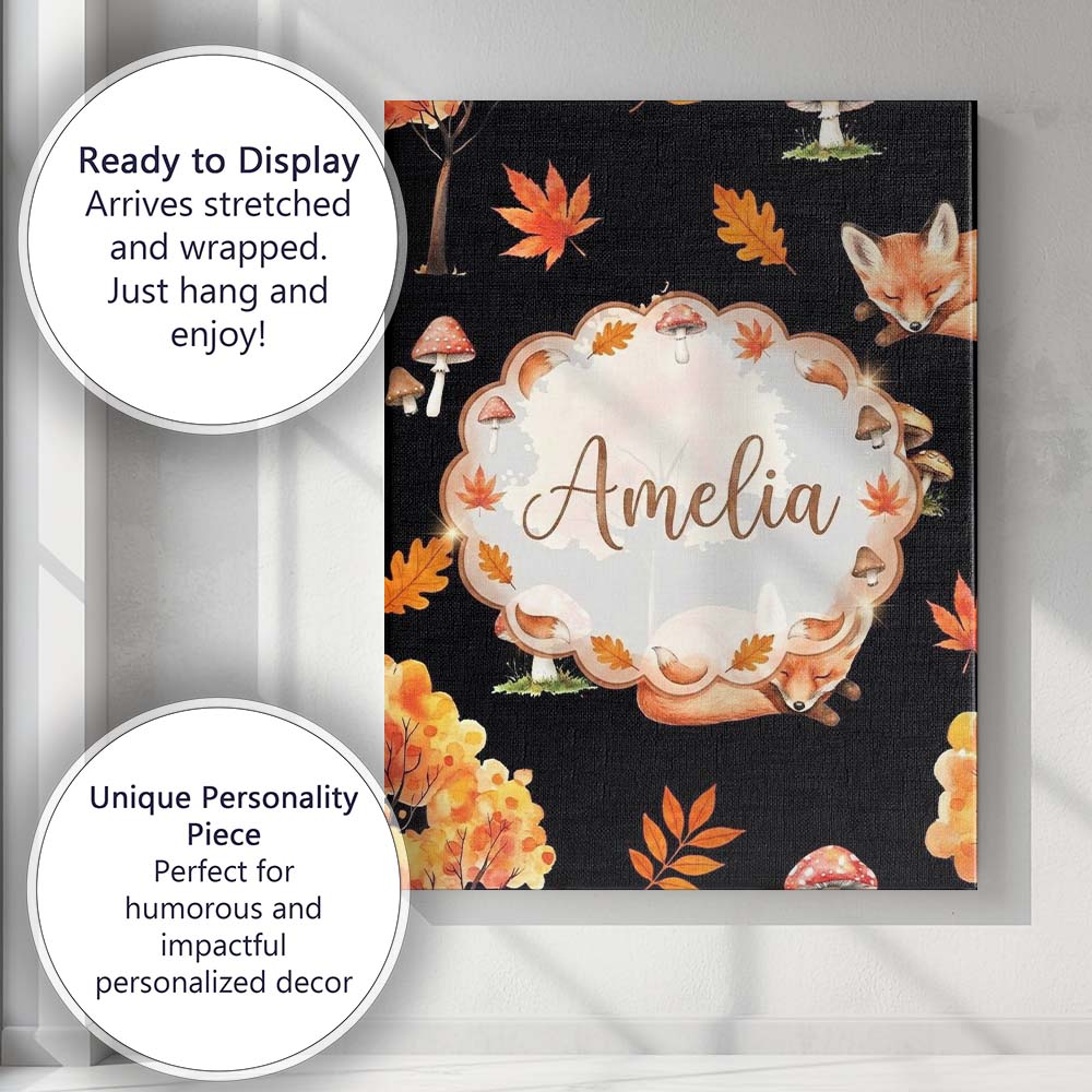 Personalised Name Autumn Fox Mushroom Forest Pattern Perfect Custom  Contemporary Canvas Wall Art Print Decor Picture Ready to Hang