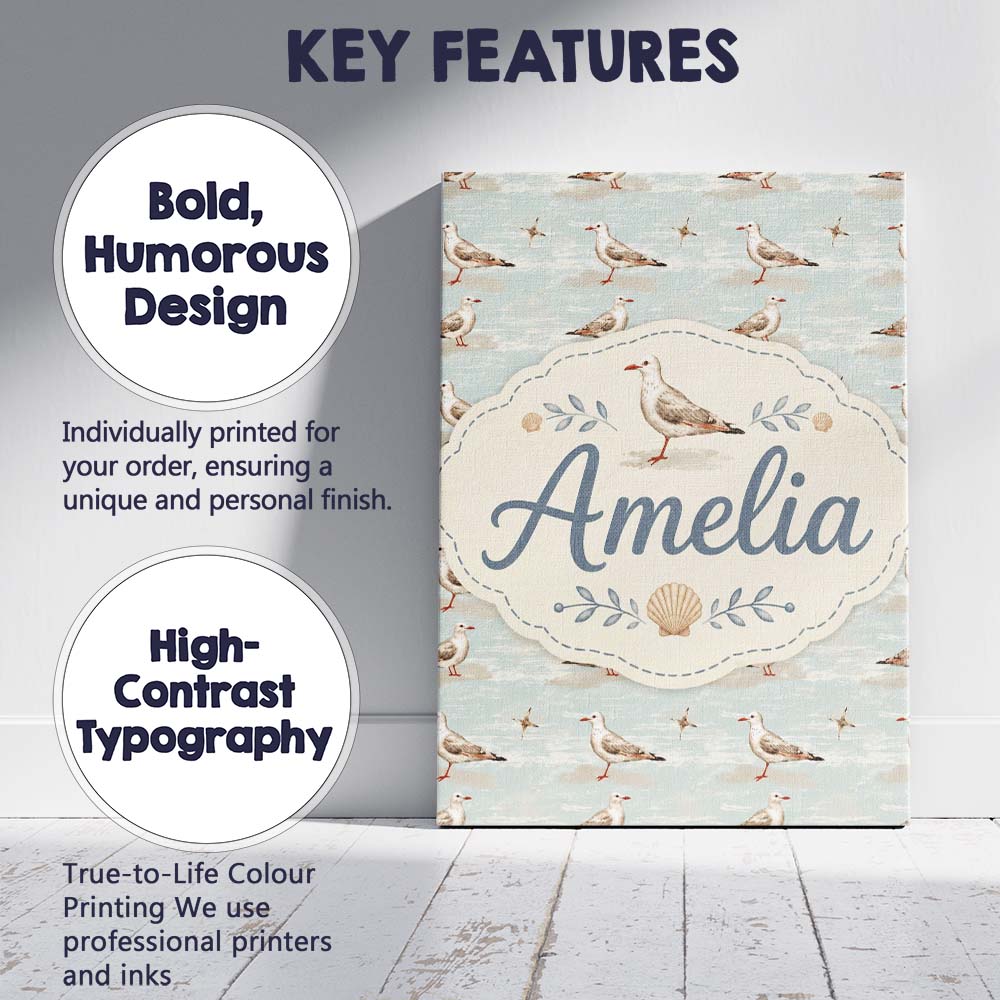 Personalised Name Realistic Seagulls with Custom  Unique Gift Idea Elegant Feature Canvas Wall Art Print Decor Picture Ready to Hang