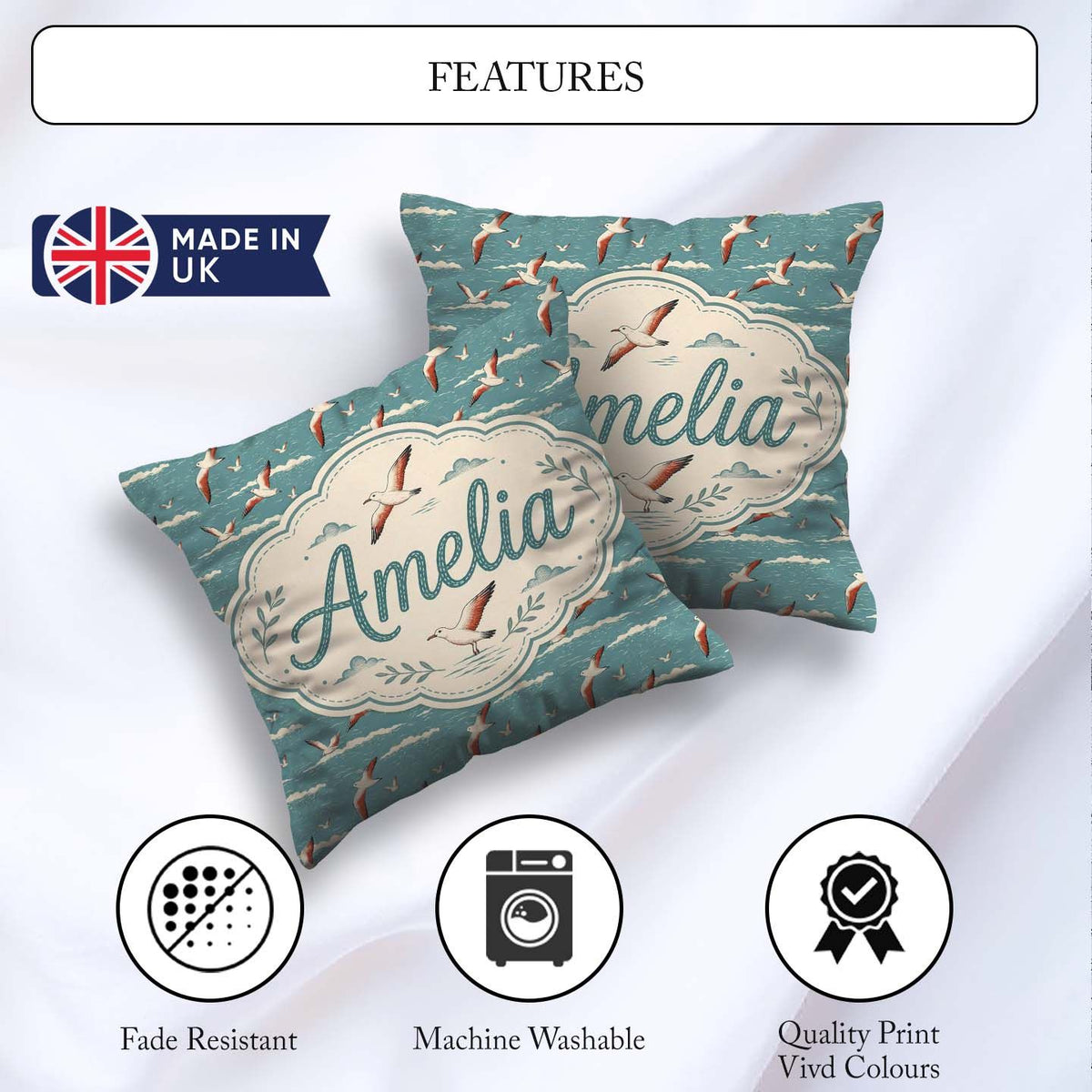 Custom Name Flying Seagulls Ocean Waves Style Seamless Pattern Square Filled Cushion Throw Pillow Sofa Bed Home Decor Zip Washable UK Made
