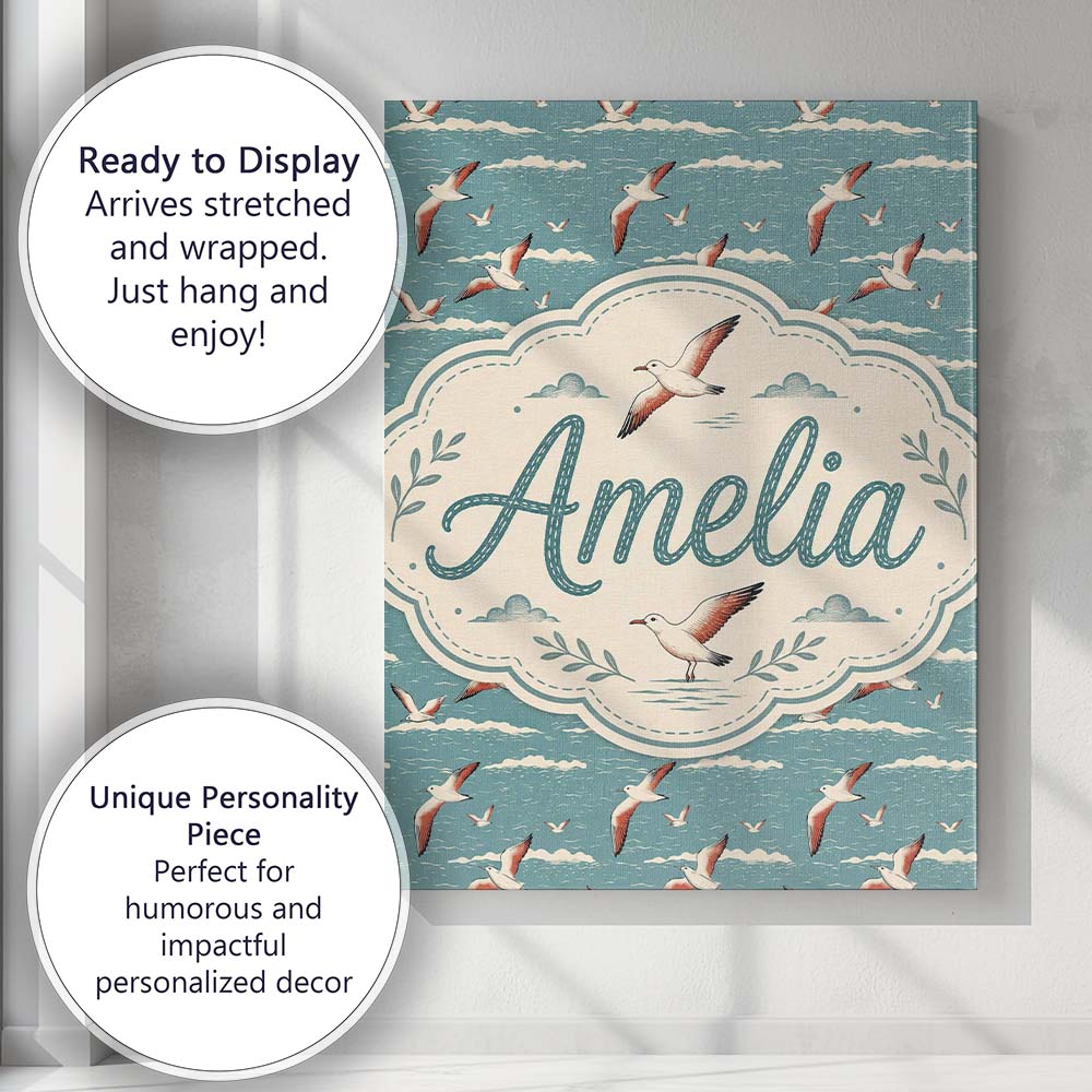 Personalised Name Flying Seagulls Over Custom  Modern Room Accent Elegant Feature Canvas Wall Art Print Decor Picture Ready to Hang