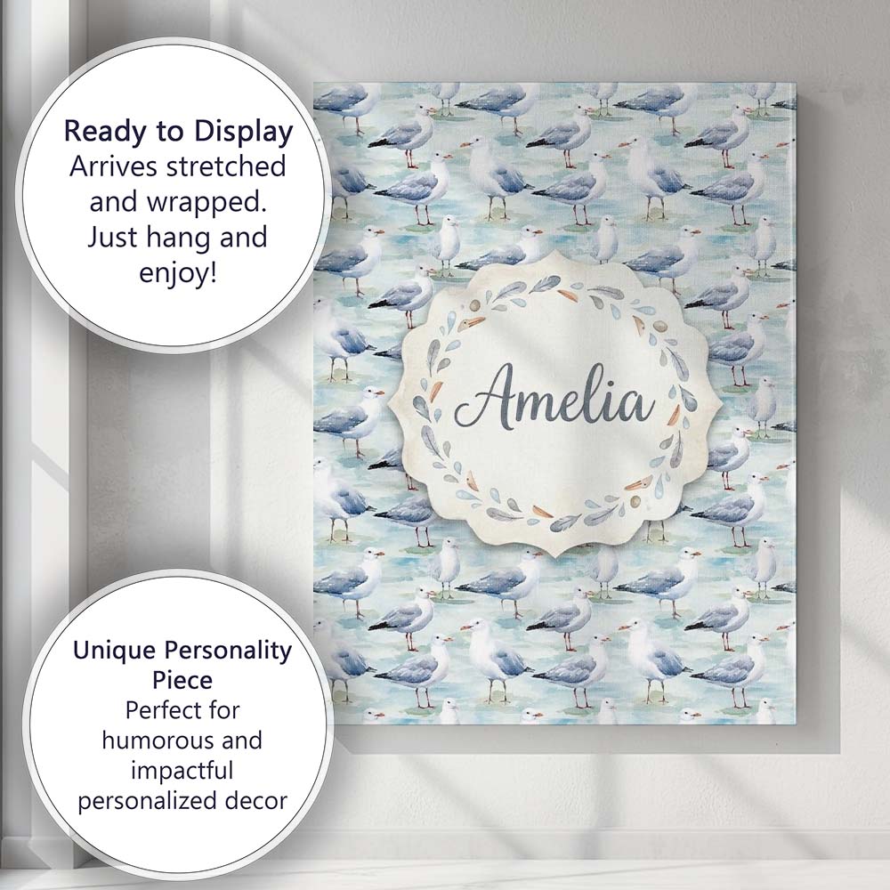 Personalised Name Soft Watercolor Seagulls Custom  Unique Gift Idea Elegant Feature Canvas Wall Art Print Decor Picture Ready to Hang