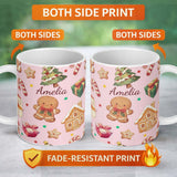 Personalized Custom Name Cute Gingerbread Man Christmas Tree Candy Holiday Pattern Pink 11oz Ceramic Coffee Tea Mug White Large Handle