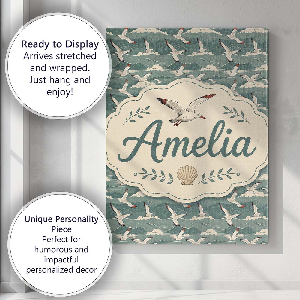 Personalised Name Seagulls Flying Over Custom  Modern Room Accent Elegant Feature Canvas Wall Art Print Decor Picture Ready to Hang