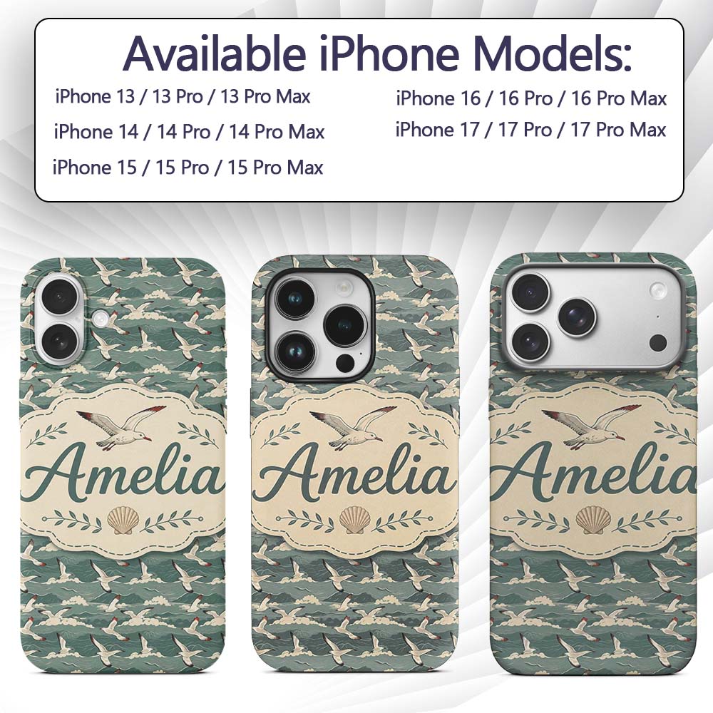Seagulls Flying Over Stylized Printed Design Custom Name Protective Phone Case Mobile Cover Durable Everyday Smartphone Shock Resistant