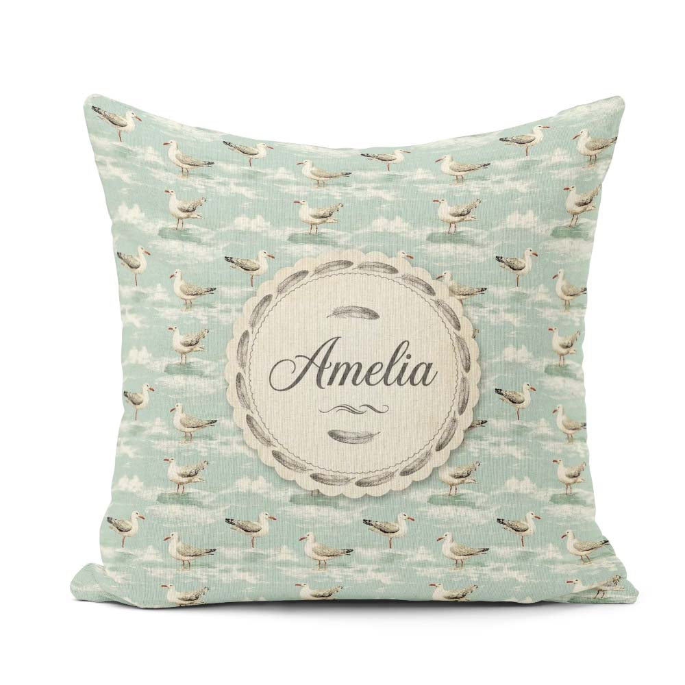 Custom Name Seagulls Walking on Beach with Gentle Waves Seamless Square Filled Cushion Throw Pillow Sofa Bed Home Decor Zip Washable UK Made