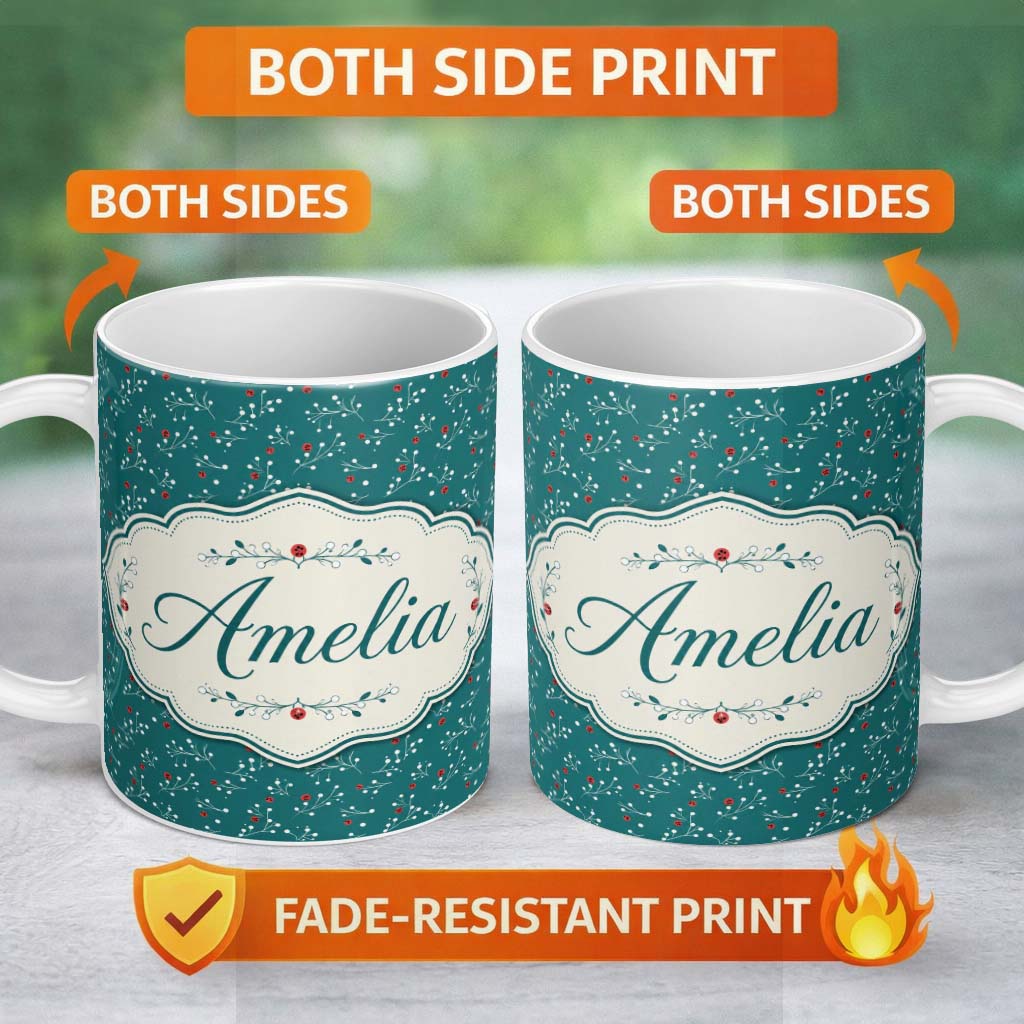 Personalized Custom Name Modern Teal Background Red and White Berry Branch Pattern Lovely 11oz Ceramic Coffee Tea Mug White Large Handle