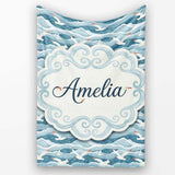 Seagulls Flying Over Ocean Waves Blue Coastal Seamless Pattern  Personalised Custom Name Super Soft Fleece Blanket Bed Sofa Throw