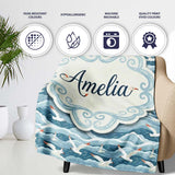 Seagulls Flying Over Ocean Waves Blue Coastal Seamless Pattern  Personalised Custom Name Super Soft Fleece Blanket Bed Sofa Throw
