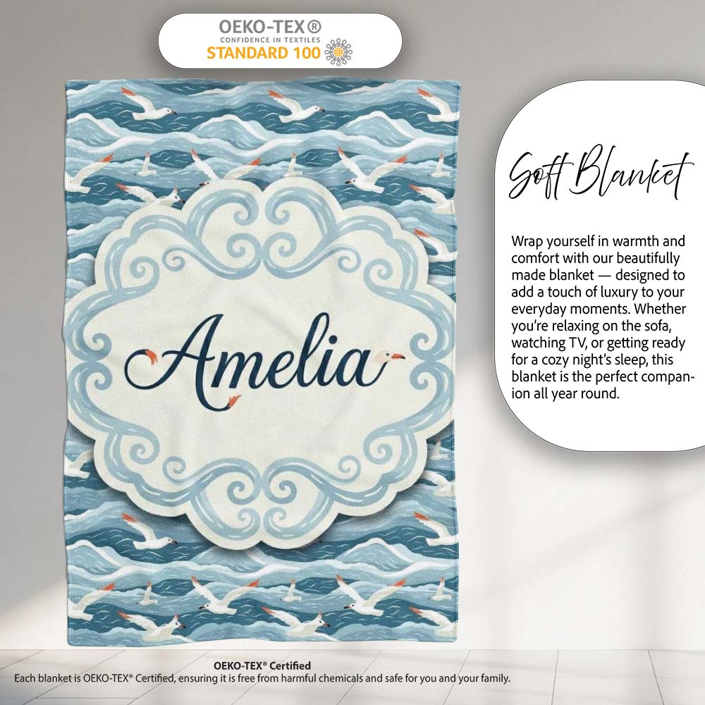 Seagulls Flying Over Ocean Waves Blue Coastal Seamless Pattern  Personalised Custom Name Super Soft Fleece Blanket Bed Sofa Throw
