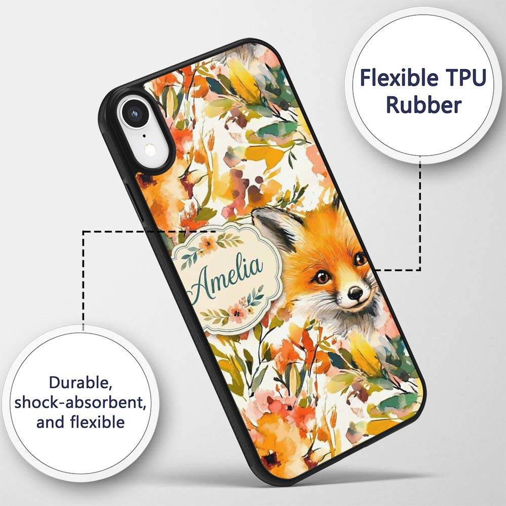 Watercolor Fox Floral Artistic Printed Design Custom Name Protective Phone Case Mobile Cover Durable Everyday Smartphone Shock Resistant