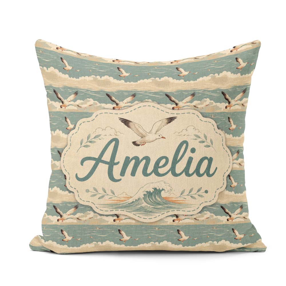 Custom Name Seagulls Flying Sea Horizon Scenic Seamless Pattern Square Filled Cushion Throw Pillow Sofa Bed Home Decor Zip Washable UK Made