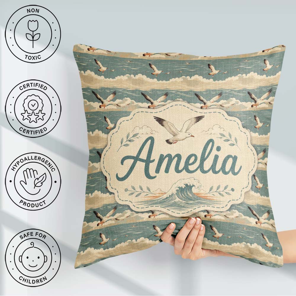 Custom Name Seagulls Flying Sea Horizon Scenic Seamless Pattern Square Filled Cushion Throw Pillow Sofa Bed Home Decor Zip Washable UK Made