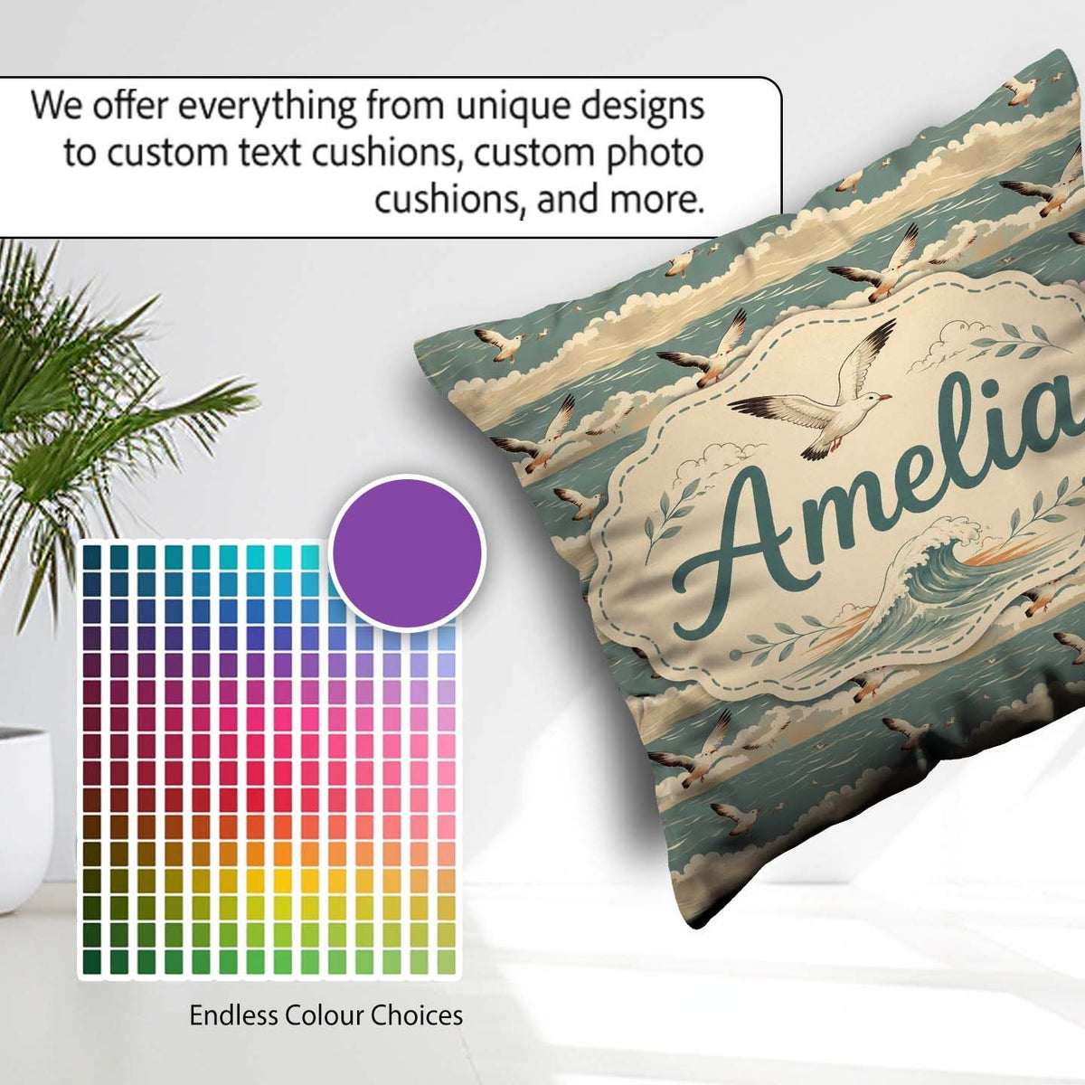 Custom Name Seagulls Flying Sea Horizon Scenic Seamless Pattern Square Filled Cushion Throw Pillow Sofa Bed Home Decor Zip Washable UK Made