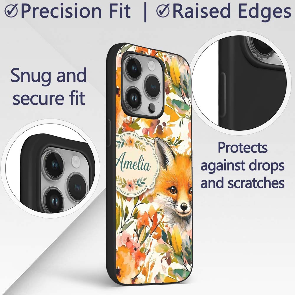 Watercolor Fox Floral Artistic Printed Design Custom Name Protective Phone Case Mobile Cover Durable Everyday Smartphone Shock Resistant